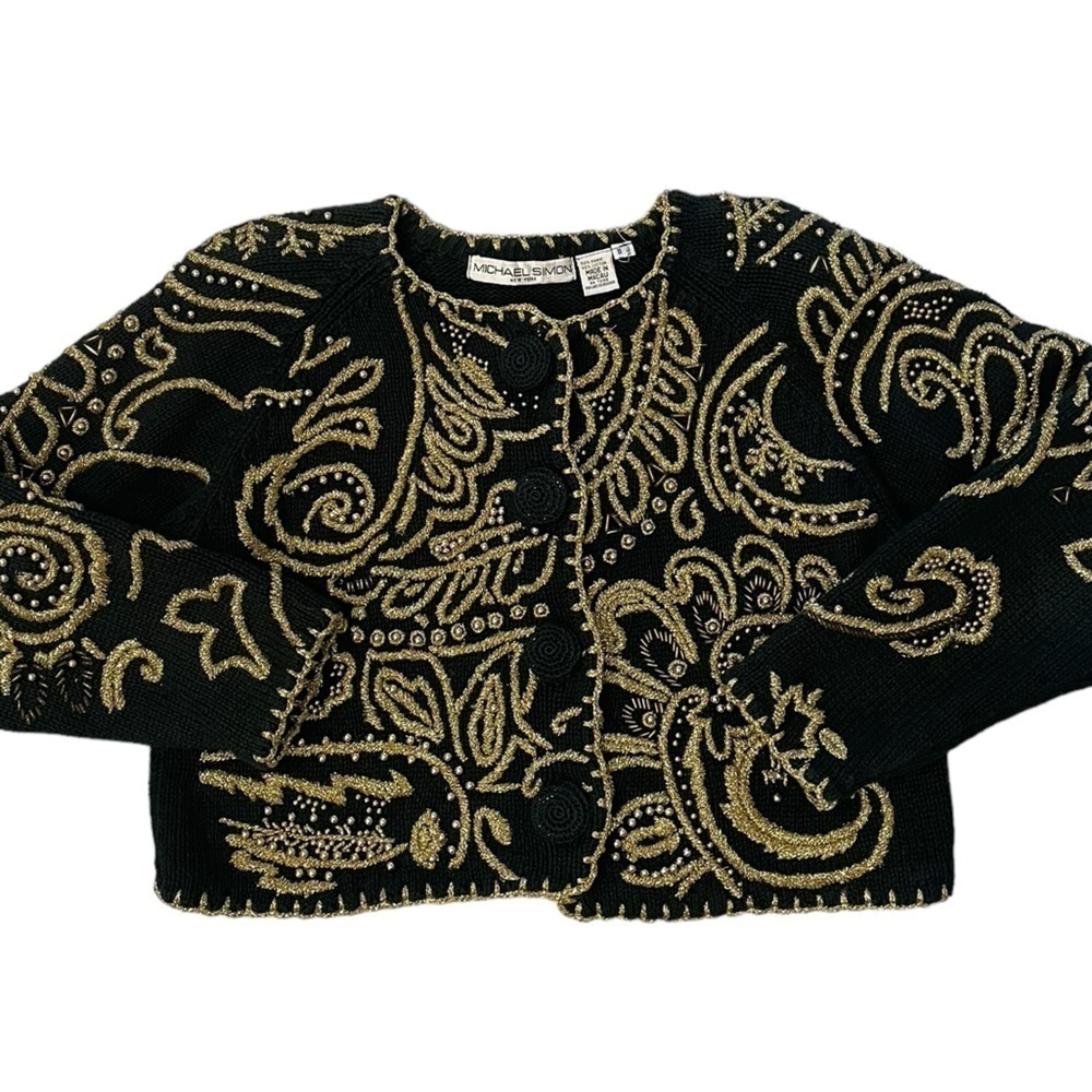 MICHAEL SIMON | Black/Gold Embroidered Sweater Cardigan